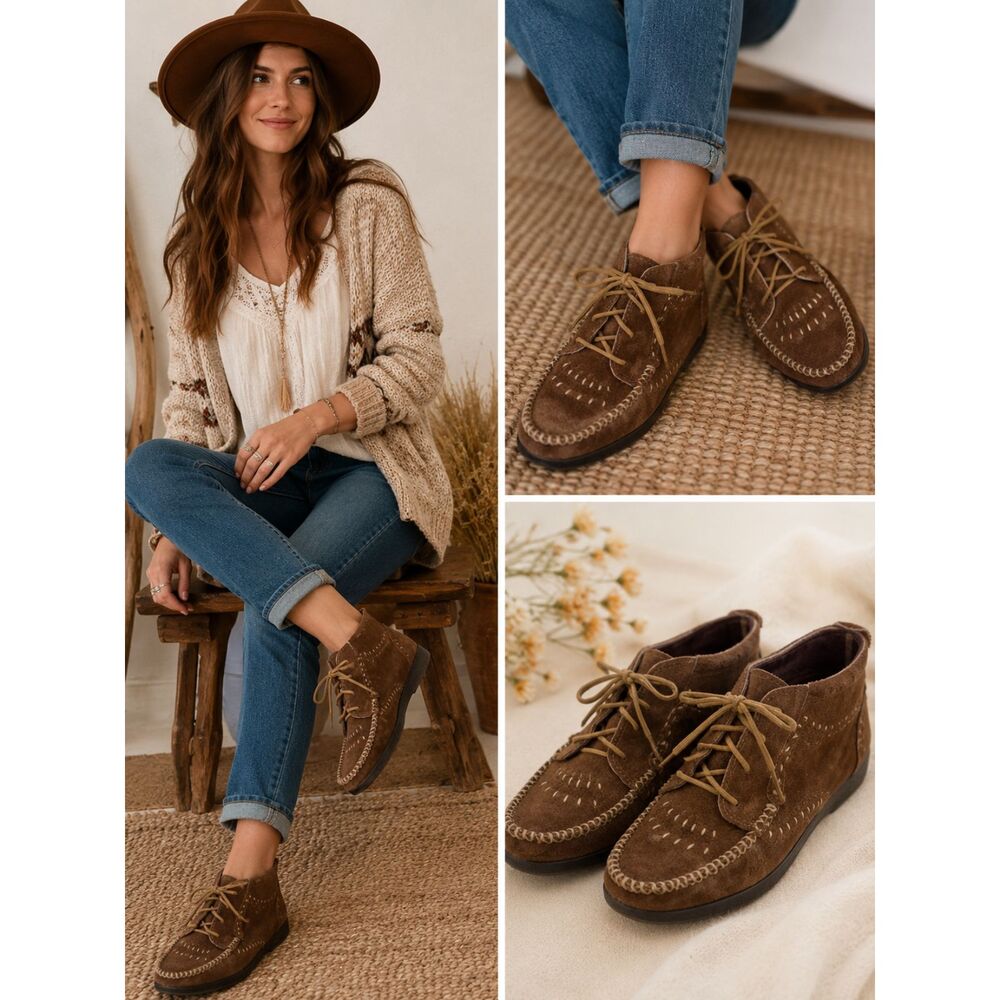 Vintage Minnetonka Brown Suede Lace Up Moccasin Ankle Boots Size 9 Boho Festival